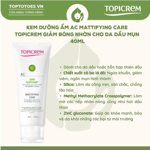 Kem dưỡng ẩm AC Mattifying care Topicrem cho da dầu mụn 40ml