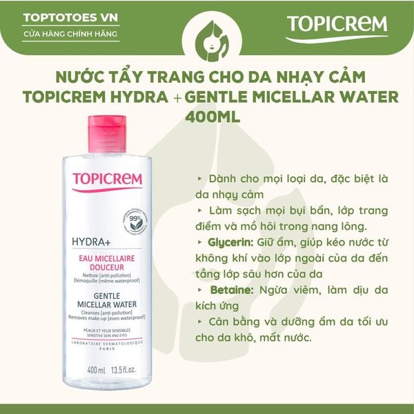 Nước tẩy trang Topicrem Hydra+ Gentle Micellar Water 400ml (hồng)
