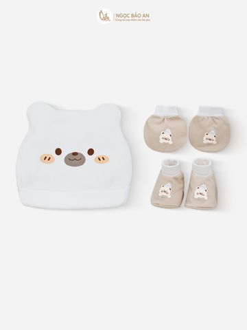 [M&B] Set nón bao tay chân bo cotton sơ sinh gấu thỏ nâu