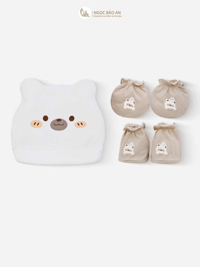 [M&B] Set nón bao tay chân thun cotton sơ sinh gấu thỏ nâu