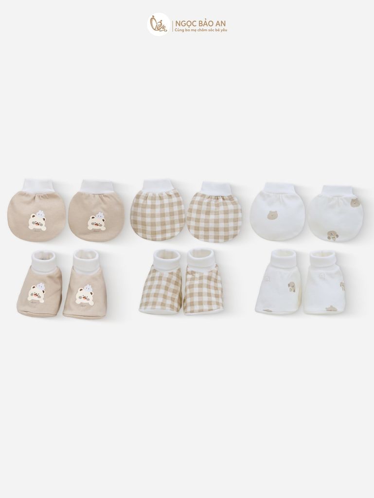 [M&B] Combo Sơ Sinh cotton M&B tone Nâu in hình họa tiết đầy đủ phụ kiện cho bé (Combo Sơ Sinh cotton 2025)