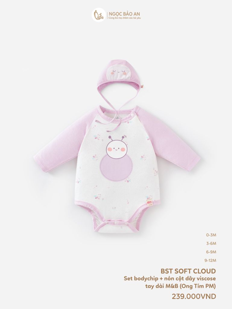 [M&B] Set bodychip tay dài kèm nón cột dây ong tím PM (NB-12m)