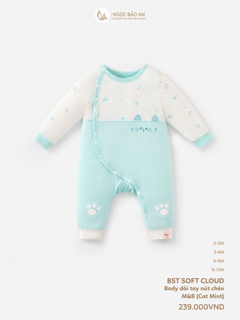 [M&B] Bodysuit dài tay dài cài chéo sơ sinh Cat Mint (NB-12m) [CBSSVISCOSE]
