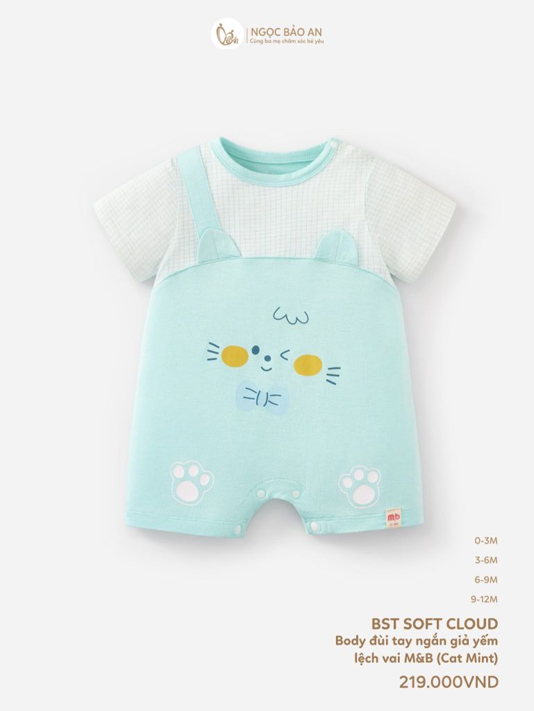[M&B] Body đùi tay ngắn giả yếm lệch vai cat mint (NB-12m)