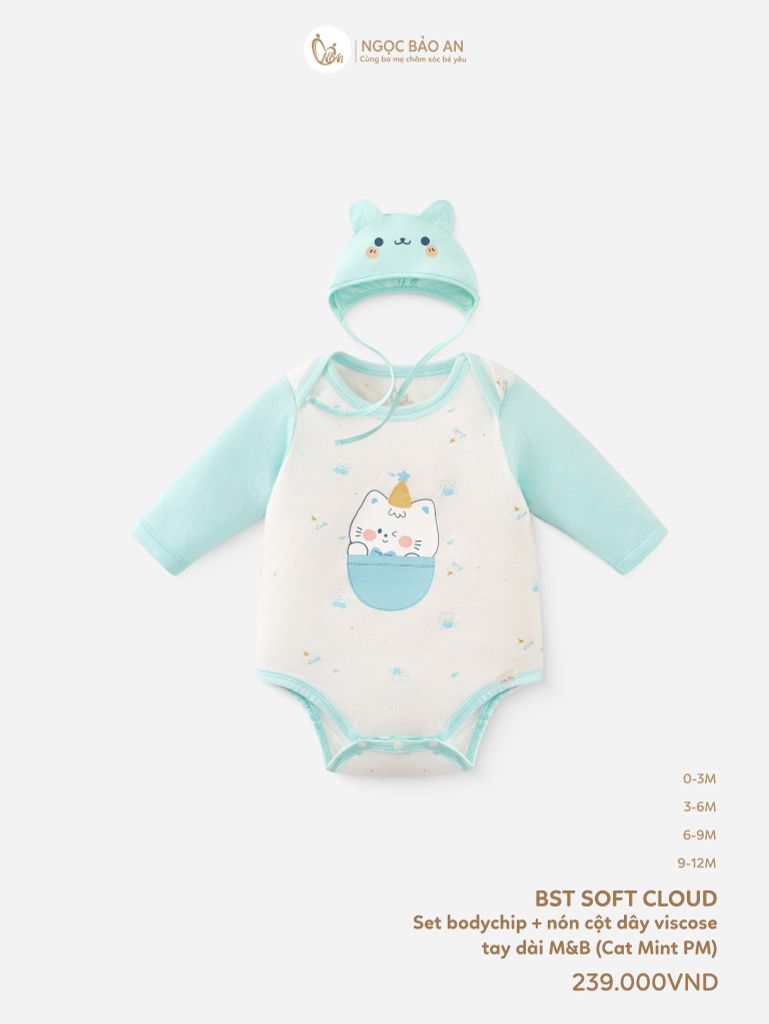 [M&B] Set bodychip tay dài kèm nón cột dây cat mint PM (NB-12m)