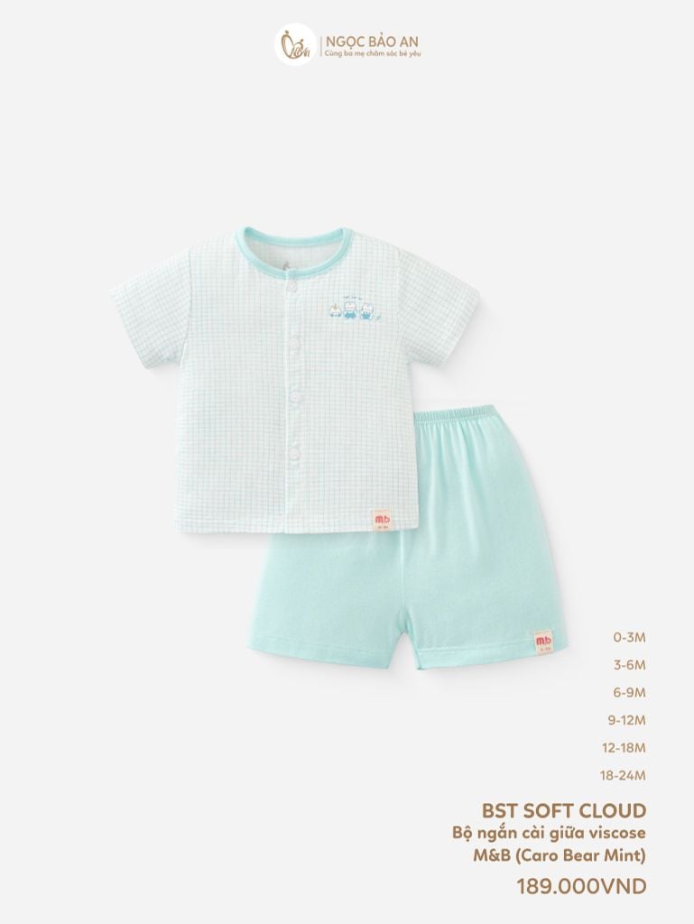 [M&B] Bộ tay ngắn cài giữa Caro Bear Mint (3-24m) [CBSSVISCOSE]