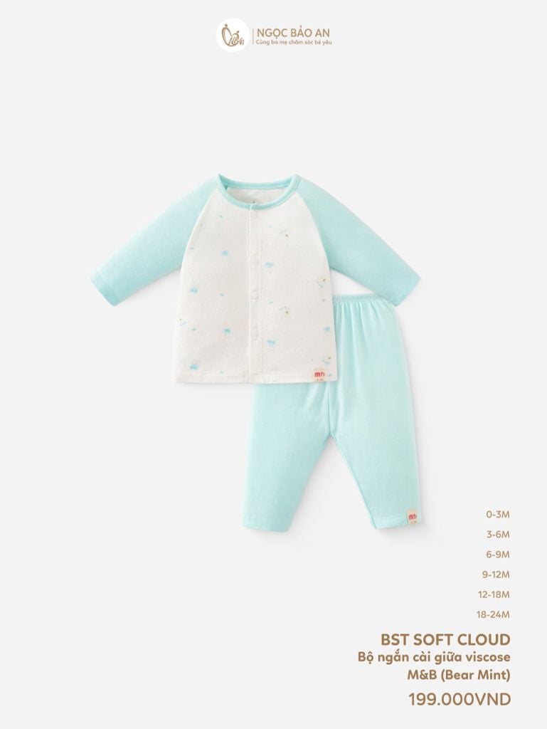 [M&B] Bộ tay dài cài giữa bear mint (NB-24m)