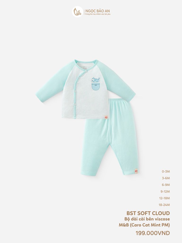 [M&B] Bộ tay dài cài bên caro cat mint (NB-24m)