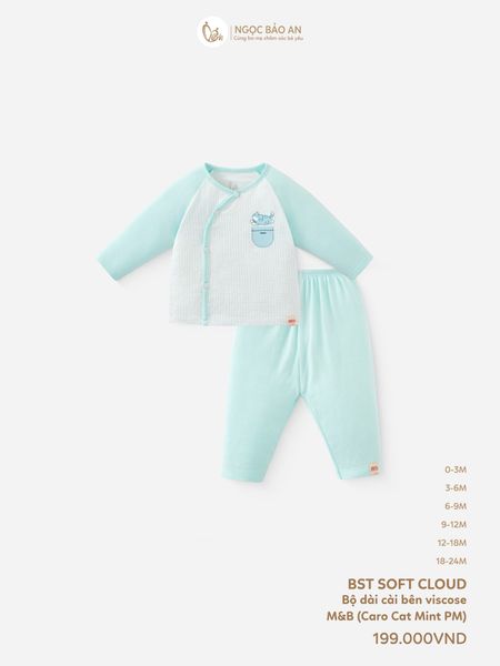[M&B] Bộ tay dài cài bên caro cat mint (NB-24m)