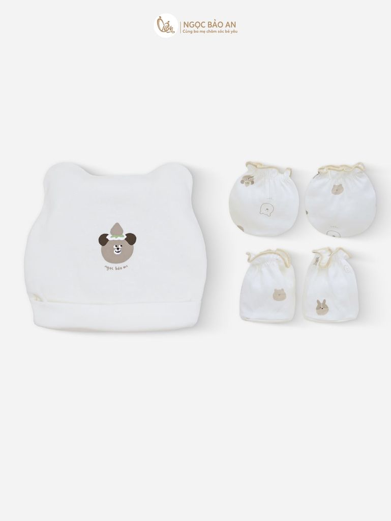 [M&B] Set nón bao tay chân thun cotton sơ sinh gấu dâu