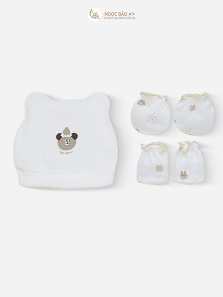 [M&B] Set nón bao tay chân thun cotton sơ sinh gấu dâu