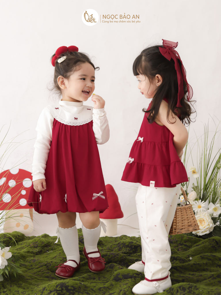 [M&B] BST THỎ MƠ: Đầm dáng bí phối cổ ren đính nơ cotton M&b cho bé gái