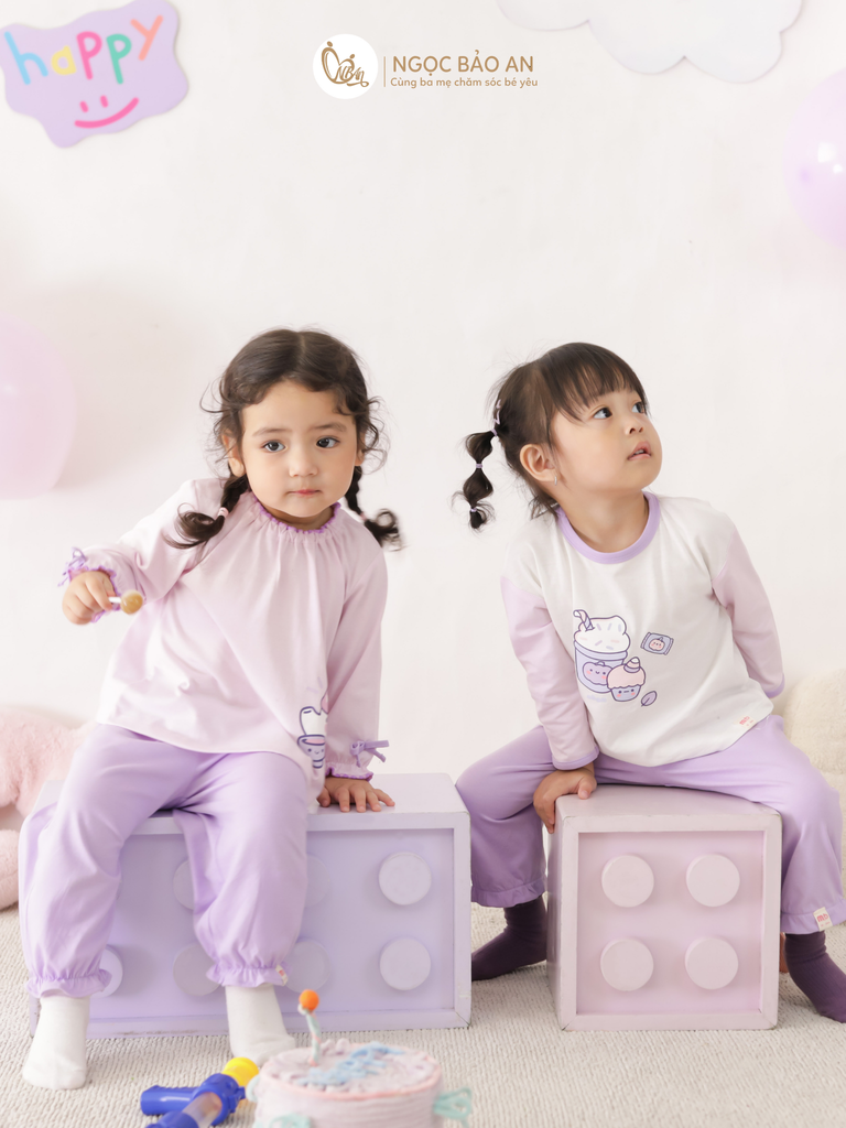 [M&B] BST CANDY: Bộ áo quần tay dài cotton M&b cho bé (Kem Tím)