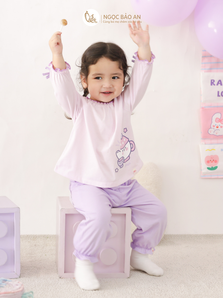 [M&B] BST CANDY: Bộ áo quần tay dài cotton phối nơ tiểu thư M&b cho bé (Ấm Trà Tím)