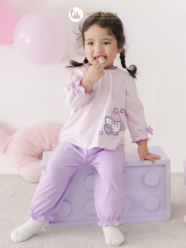 [M&B] BST CANDY: Bộ áo quần tay dài cotton phối nơ tiểu thư M&b cho bé (Ấm Trà Tím)