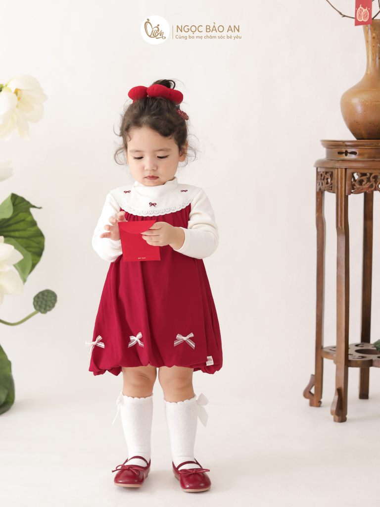 [M&B] BST THỎ MƠ: Đầm dáng bí phối cổ ren đính nơ cotton M&b cho bé gái