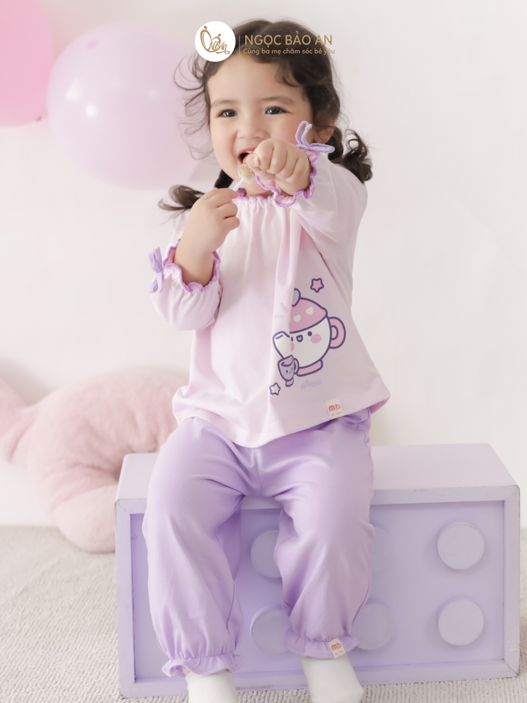 [M&B] BST CANDY: Bộ áo quần tay dài cotton phối nơ tiểu thư M&b cho bé (Ấm Trà Tím)