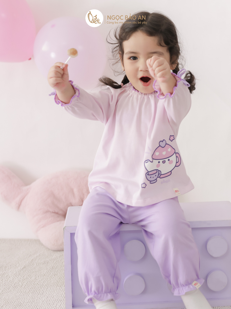 [M&B] BST CANDY: Bộ áo quần tay dài cotton phối nơ tiểu thư M&b cho bé (Ấm Trà Tím)