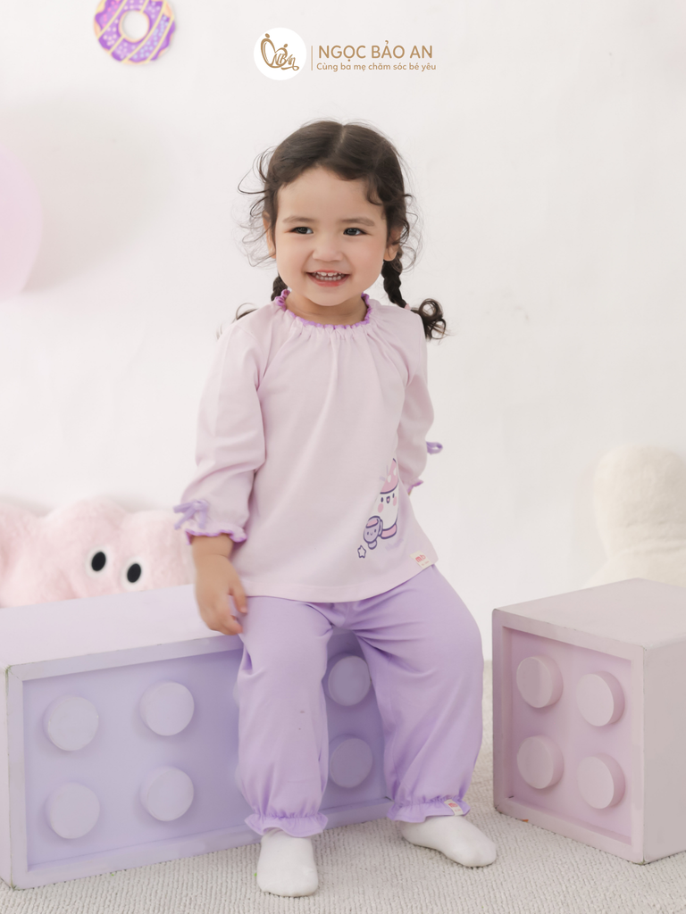 [M&B] BST CANDY: Bộ áo quần tay dài cotton phối nơ tiểu thư M&b cho bé (Ấm Trà Tím)