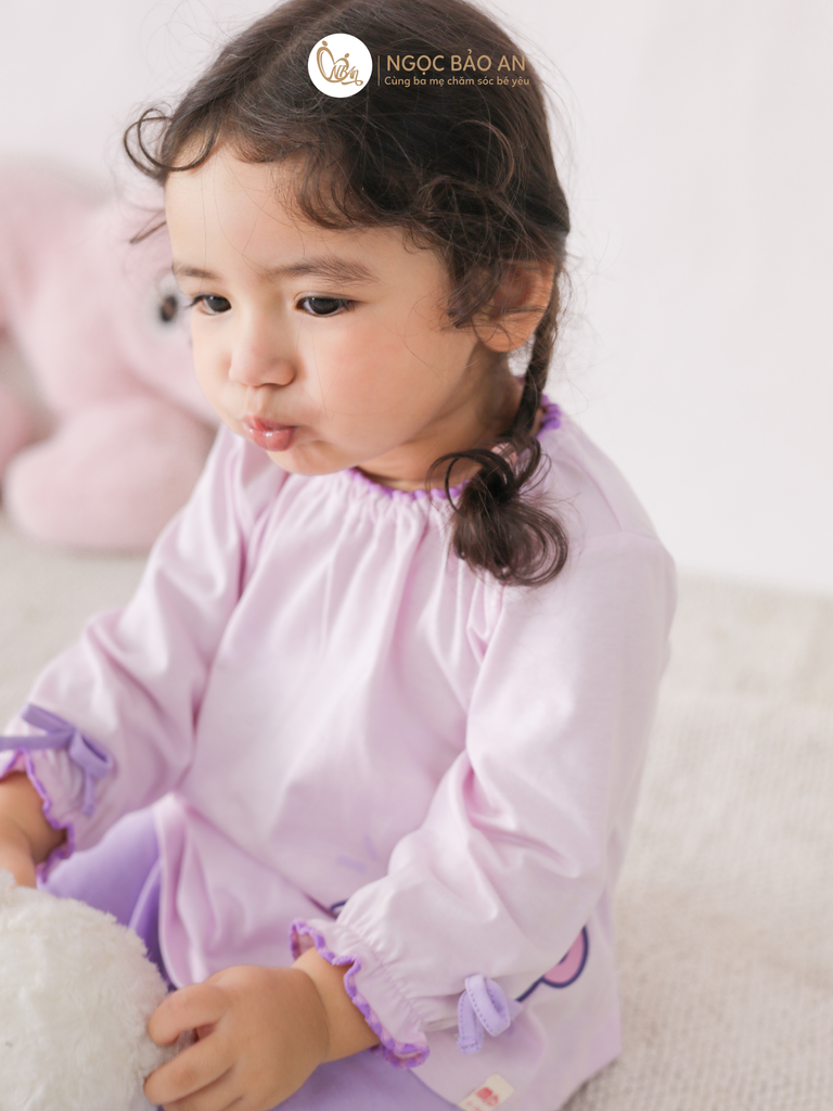 [M&B] BST CANDY: Bộ áo quần tay dài cotton phối nơ tiểu thư M&b cho bé (Ấm Trà Tím)