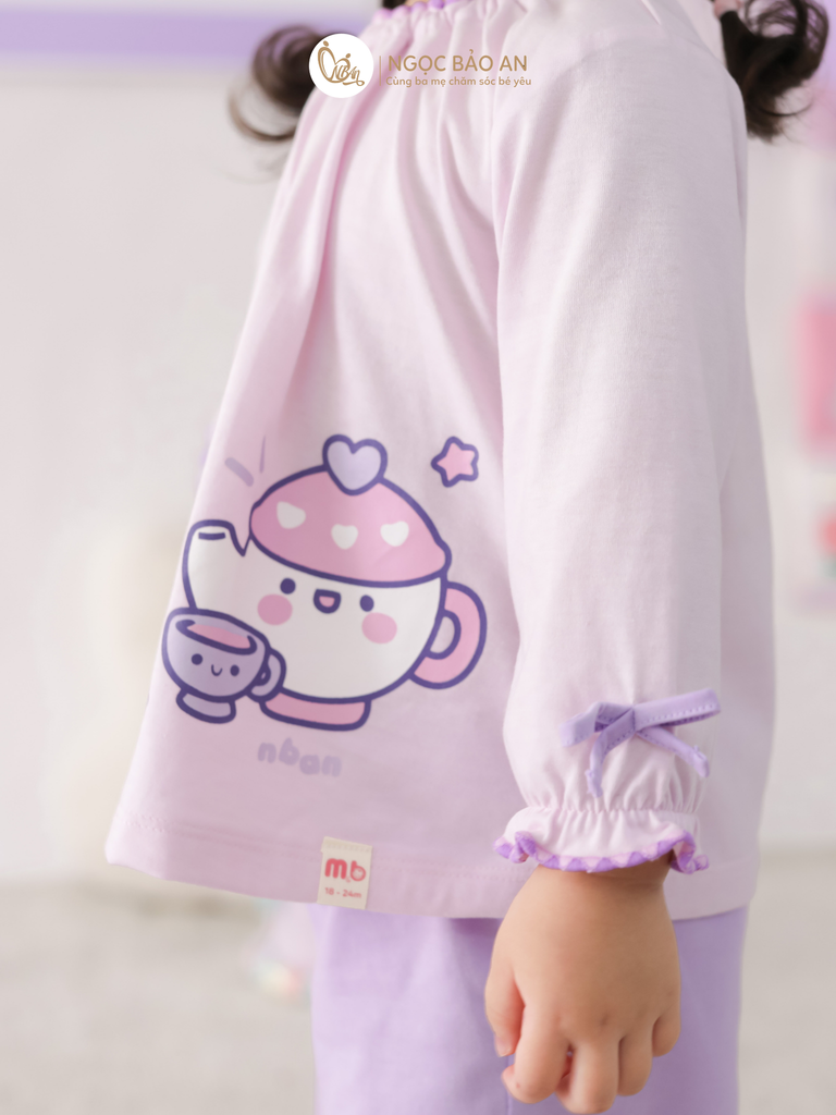 [M&B] BST CANDY: Bộ áo quần tay dài cotton phối nơ tiểu thư M&b cho bé (Ấm Trà Tím)