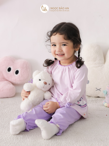 [M&B] BST CANDY: Bộ áo quần tay dài cotton phối nơ tiểu thư M&b cho bé (Ấm Trà Tím)