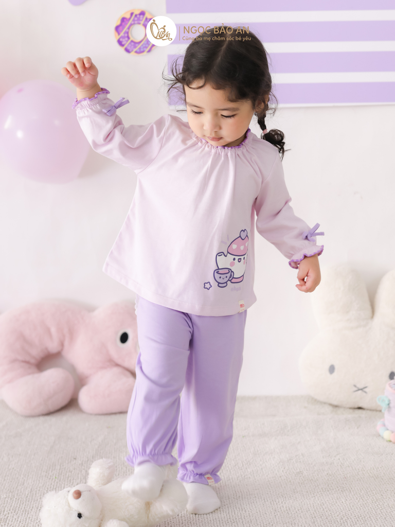 [M&B] BST CANDY: Bộ áo quần tay dài cotton phối nơ tiểu thư M&b cho bé (Ấm Trà Tím)
