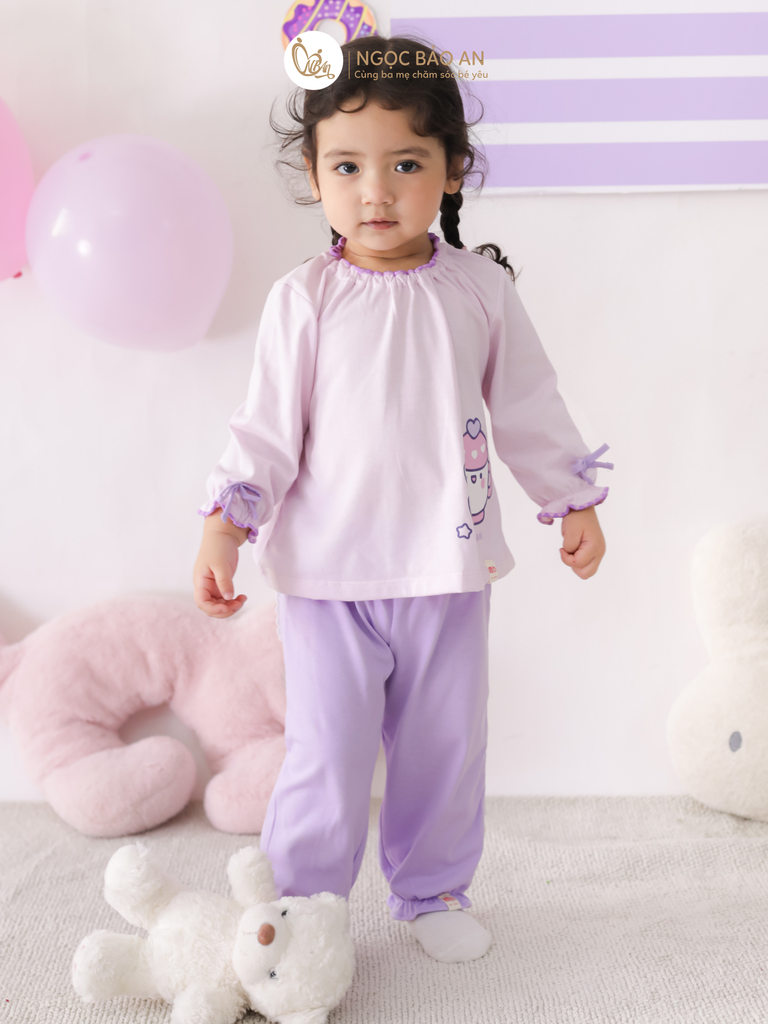 [M&B] BST CANDY: Bộ áo quần tay dài cotton phối nơ tiểu thư M&b cho bé (Ấm Trà Tím)