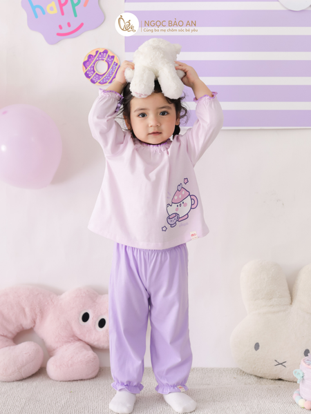 [M&B] BST CANDY: Bộ áo quần tay dài cotton phối nơ tiểu thư M&b cho bé (Ấm Trà Tím)