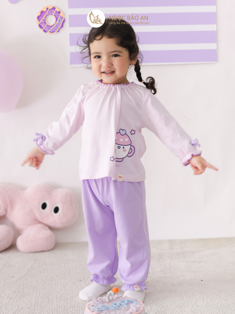 [M&B] BST CANDY: Bộ áo quần tay dài cotton phối nơ tiểu thư M&b cho bé (Ấm Trà Tím)