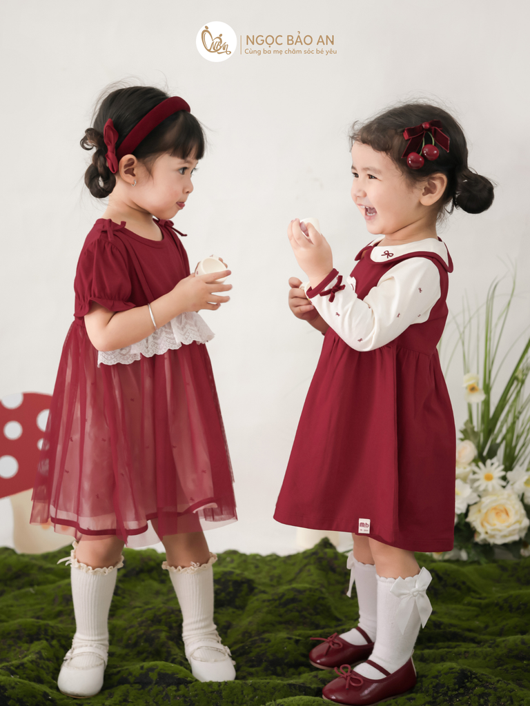 [M&B] BST THỎ MƠ: Đầm tiểu thư tay dài phối nơ cotton M&b cho bé gái (Heart Bunny)