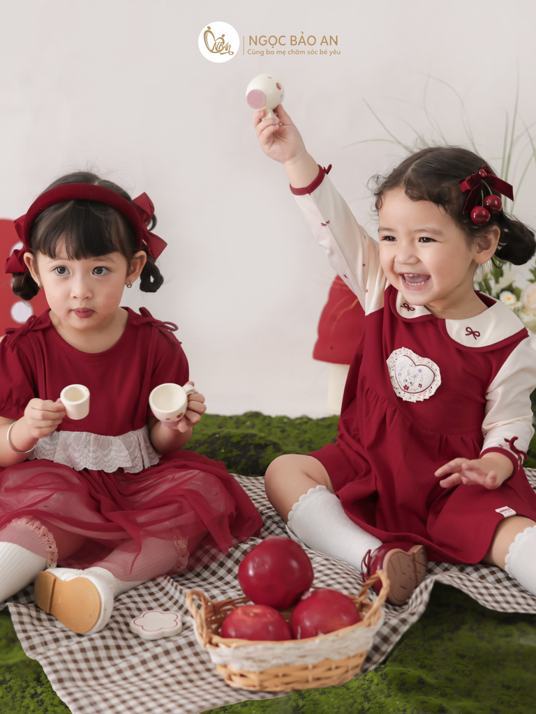 [M&B] BST THỎ MƠ: Đầm tiểu thư tay dài phối nơ cotton M&b cho bé gái (Heart Bunny)