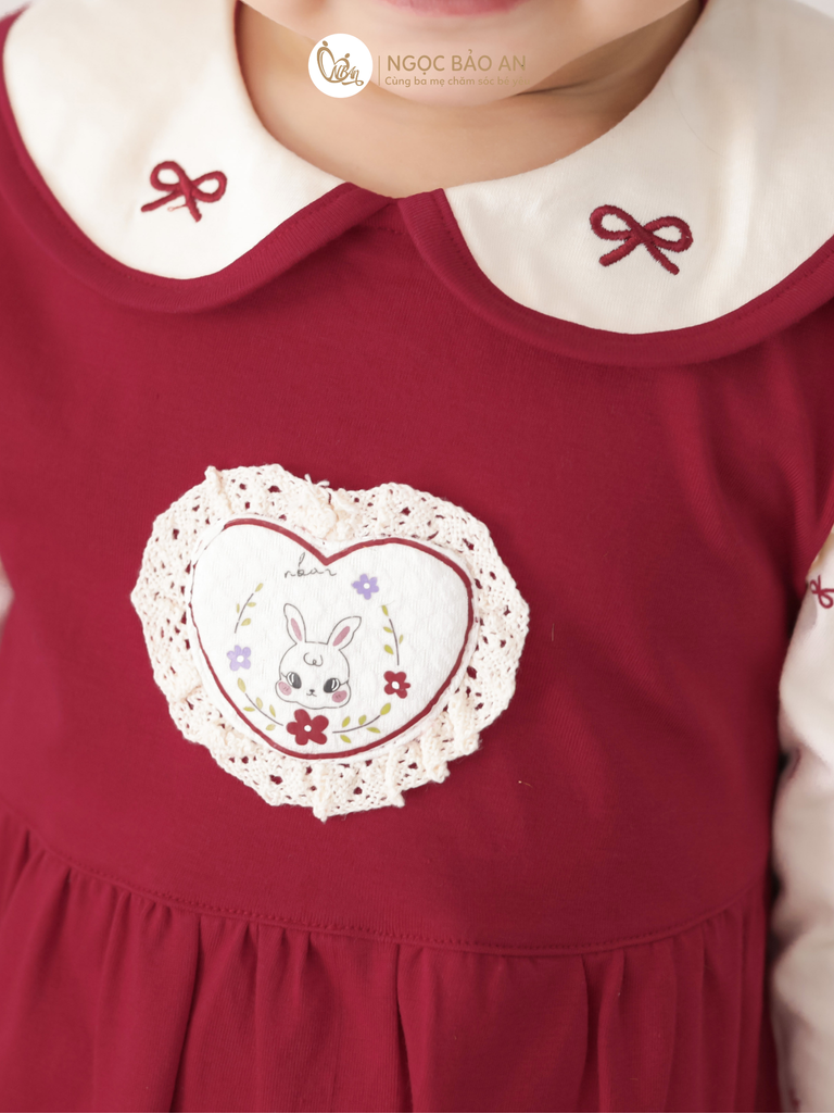 [M&B] BST THỎ MƠ: Đầm tiểu thư tay dài phối nơ cotton M&b cho bé gái (Heart Bunny)