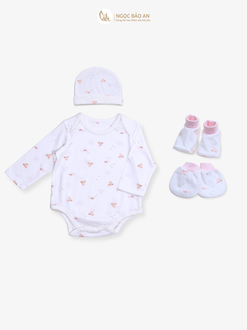 Combo Bodysuit Honey tay dài cho bé (Bo Thỏ Hồng, 3-6m)