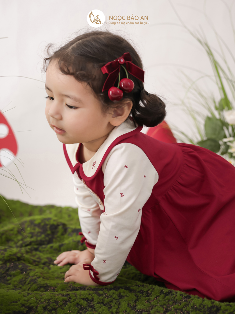 [M&B] BST THỎ MƠ: Đầm tiểu thư tay dài phối nơ cotton M&b cho bé gái (Heart Bunny)