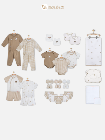 [M&B] Combo Sơ Sinh cotton M&B 5 tone màu in hình họa tiết đầy đủ phụ kiện cho bé (Combo Sơ Sinh cotton 2025)