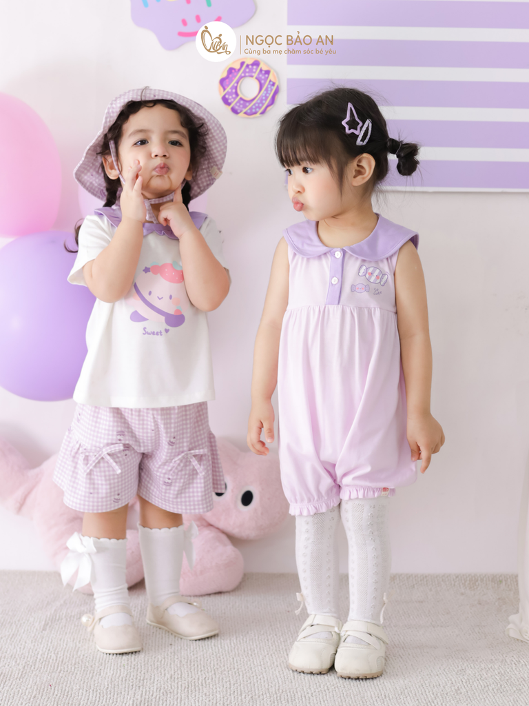 [M&B] BST CANDY: Bộ áo tay ngắn quần giả váy cotton M&b cho bé (Kẹo Dâu)