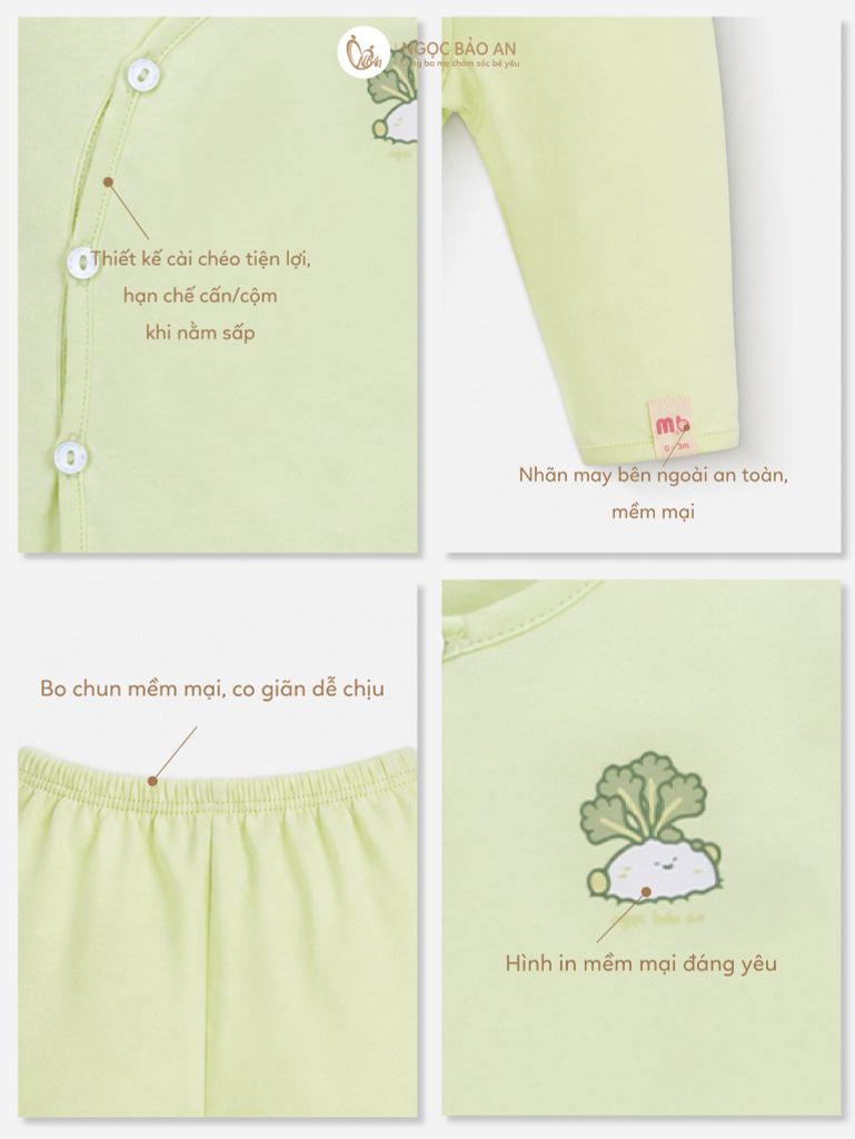 [M&B] Bộ tay dài cài bên cotton củ cải xanh bơ
