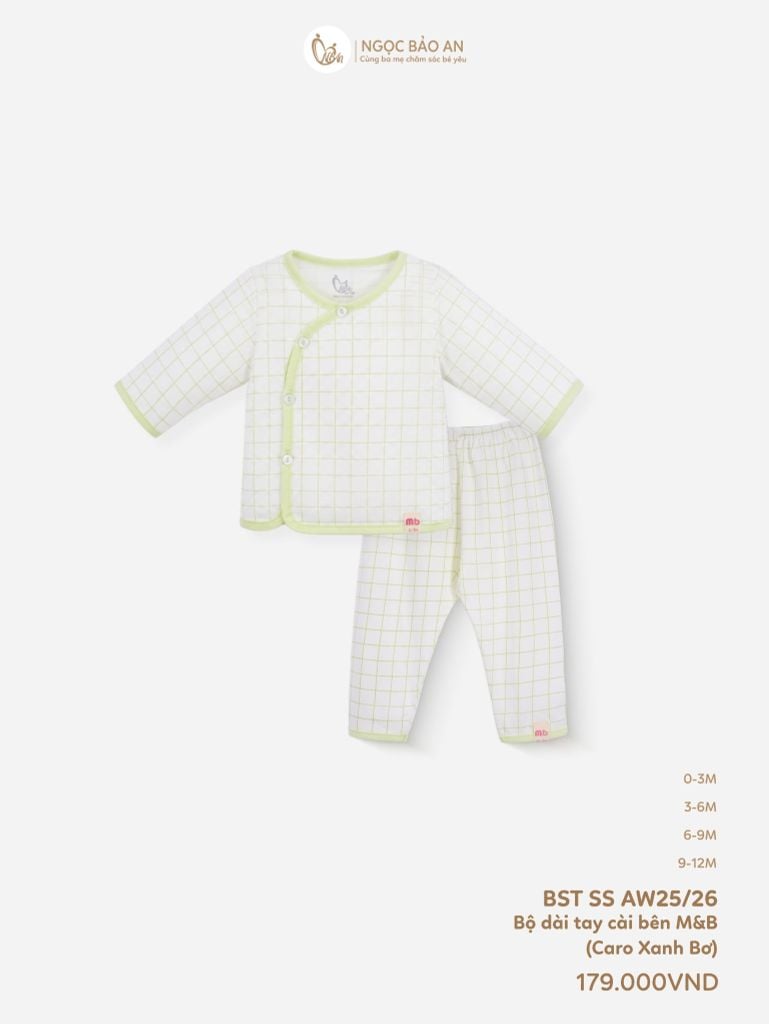 [M&B] Bộ tay dài cài bên cotton caro xanh bơ