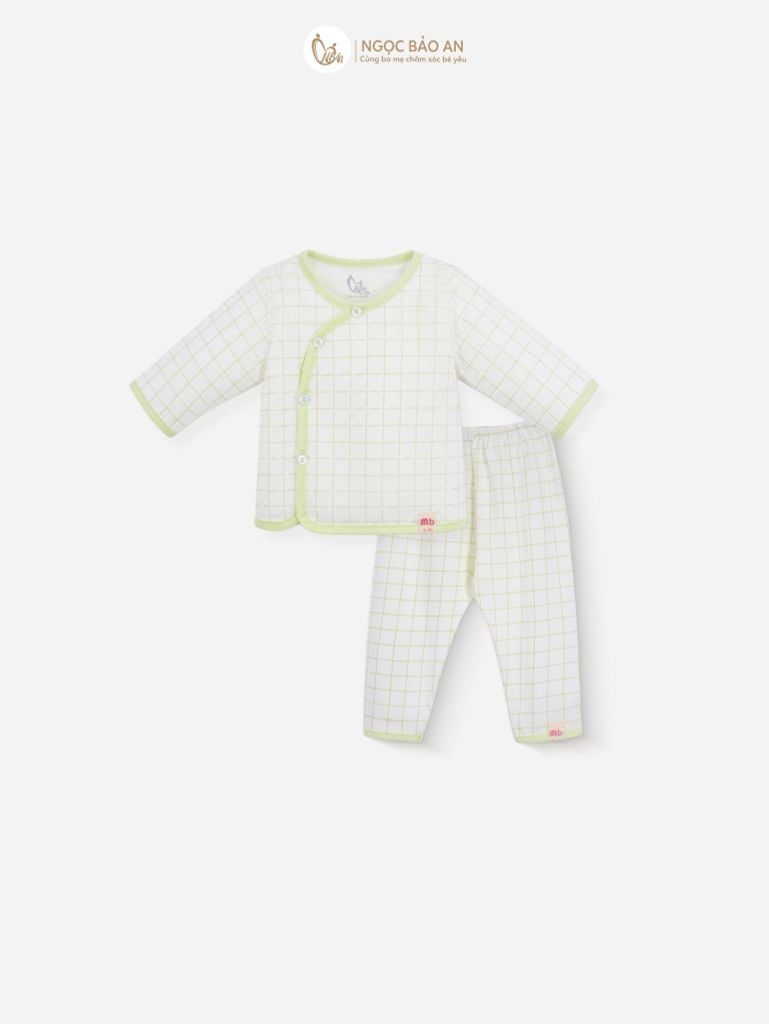 [M&B] Bộ tay dài cài bên cotton caro xanh bơ