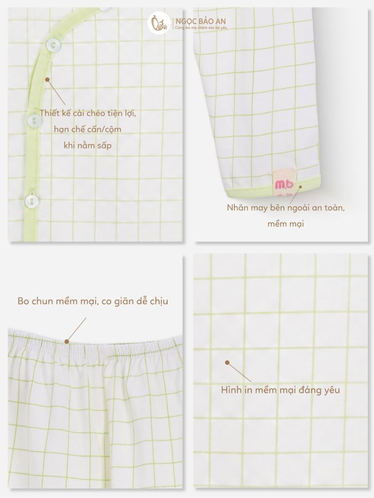 [M&B] Bộ tay dài cài bên cotton caro xanh bơ