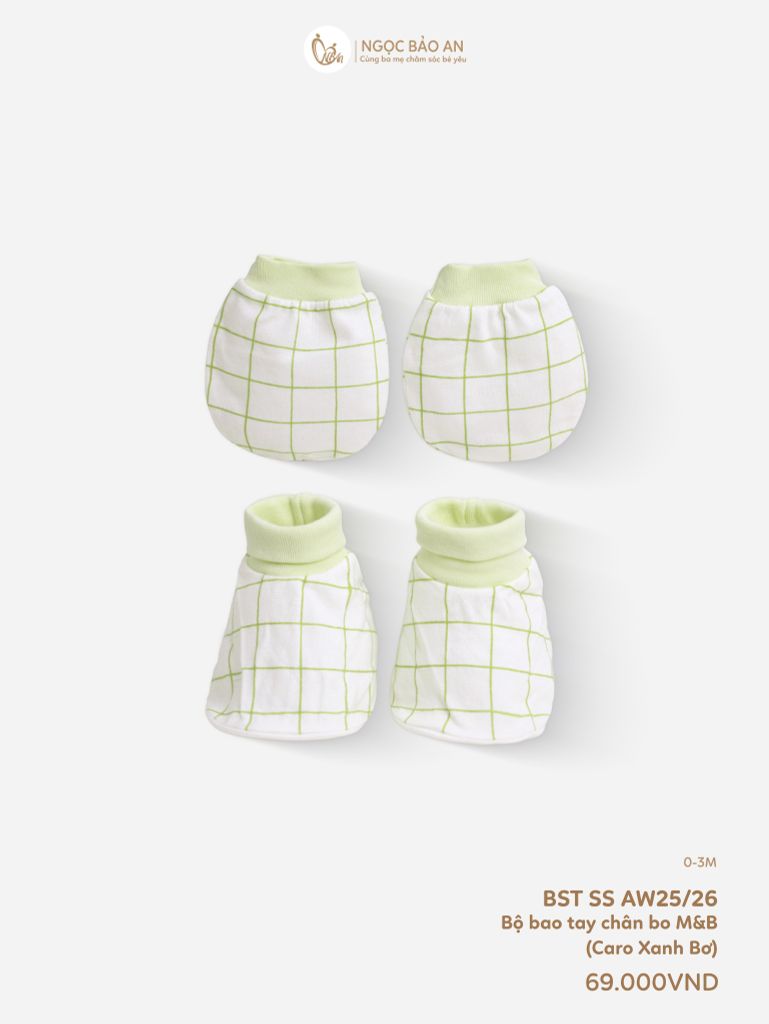 [M&B] Bộ bao tay chân bo cotton sơ sinh họa tiết Caro Xanh Bơ