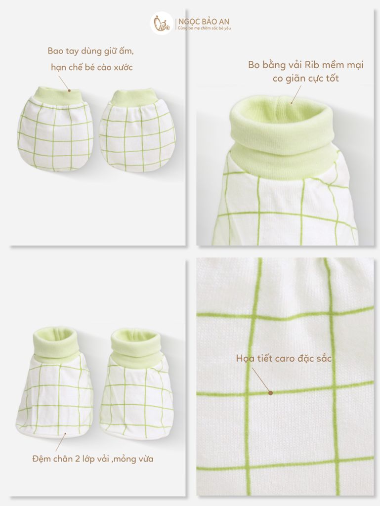 [M&B] Bộ bao tay chân bo cotton sơ sinh họa tiết Caro Xanh Bơ