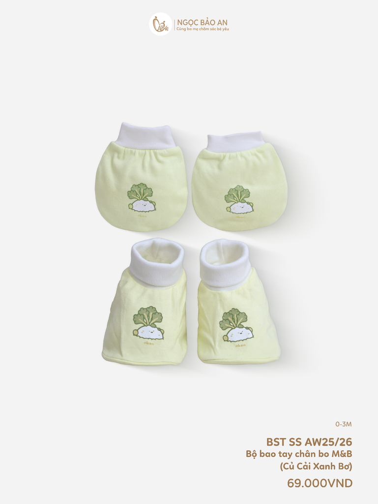 [M&B] Bộ bao tay chân bo cotton sơ sinh họa tiết củ cải xanh bơ