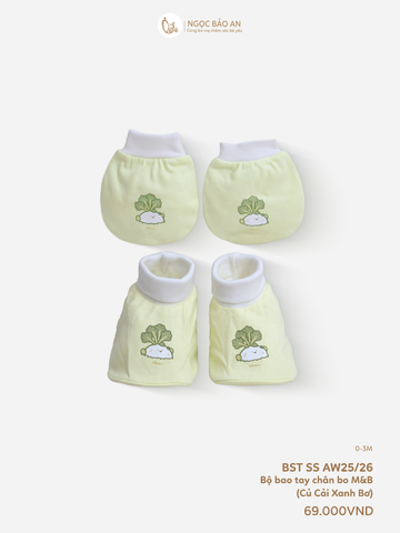 [M&B] Bộ bao tay chân bo cotton sơ sinh họa tiết củ cải xanh bơ