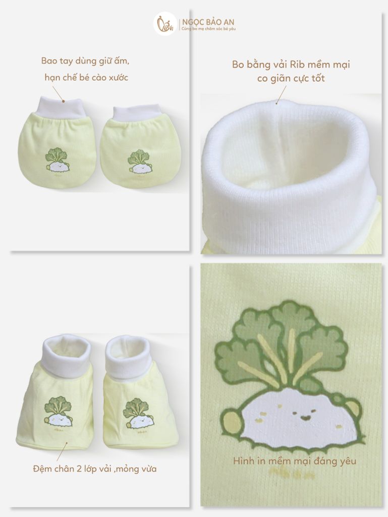 [M&B] Set nón bao tay chân bo cotton sơ sinh củ cải