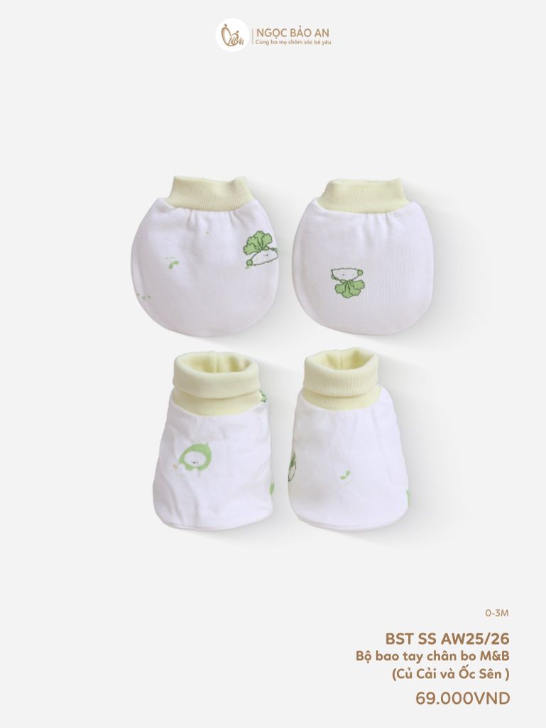 [M&B] Bộ bao tay chân bo cotton sơ sinh họa tiết Củ Cải & Ốc Sên