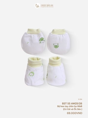 [M&B] Bộ bao tay chân bo cotton sơ sinh họa tiết củ cải & ốc sên