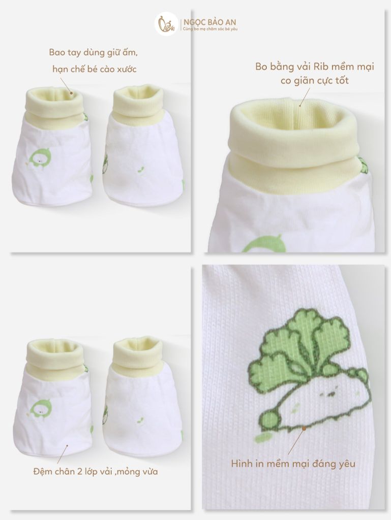 [M&B] Bộ bao tay chân bo cotton sơ sinh họa tiết Củ Cải & Ốc Sên