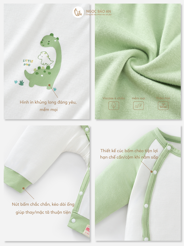[M&B] Bodysuit dài tay dài cài chéo little dino (NB-12m)